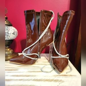 Rust Brown Patent Leather Diamante Zip Up Stiletto Bootie, Size US Women 9, NWOB